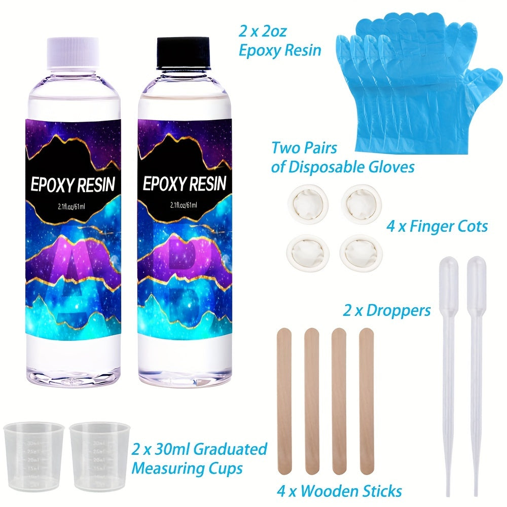 Crystal clear epoxy resin kit with measuring cup, stir stick, and gloves - ideal for mold casting, jewelry making, and crafts, with no bubbles.