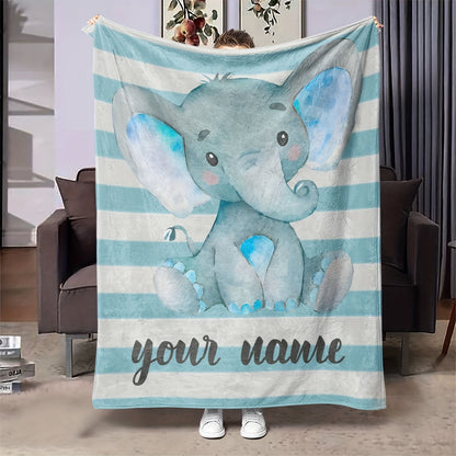 A modern and versatile fleece throw blanket featuring a customizable cartoon elephant design. This all-season, multi-purpose blanket is digitally printed on a polyester cover with a polyester lining. Knitted for cozy comfort, it weighs between 200-250g