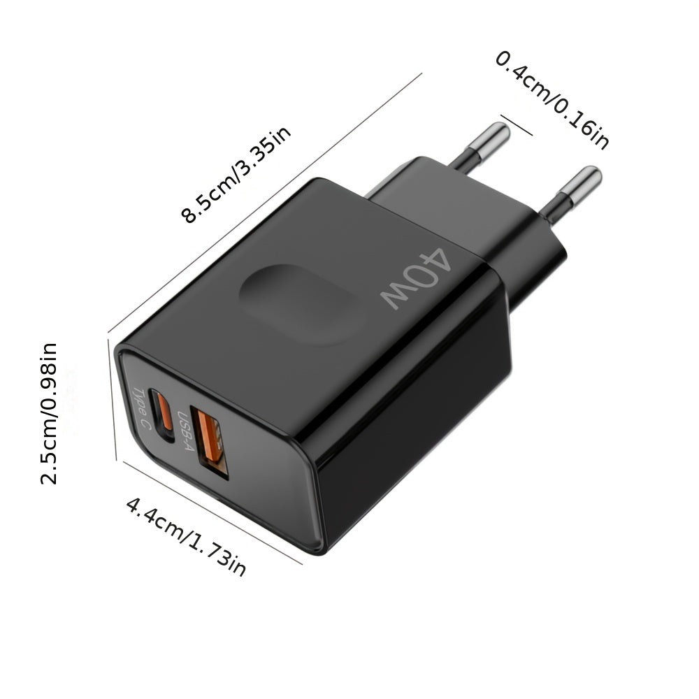 Dual port 40W fast charger with 1pc 100.58cm 25W type C cable, compatible with iPhones, iPads, Samsung, Android smartphones, tablets, and more. (Black)