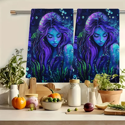 Set of 2 Ultra Soft Kitchen Towels featuring an Enchanting Siren Neon Blacklight Design. These towels are Highly Absorbent, Machine Washable, and measure 40.64x60.96 cm. Perfect for Coastal Decor and Holiday Celebrations. Great for use as Dish Hand