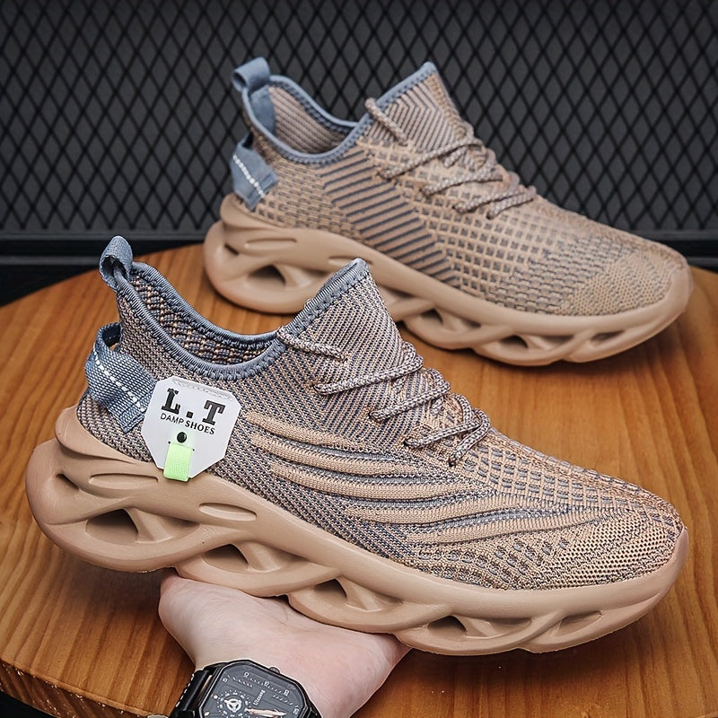 Men's Blade Knit Running Shoes: Breathable, Shock-Absorbing, Comfortable Lace-Up Sports Sneakers with Soft EVA Sole. Suitable for Outdoor Road Jogging. Casual Fashion Style. Low Top. Fabric