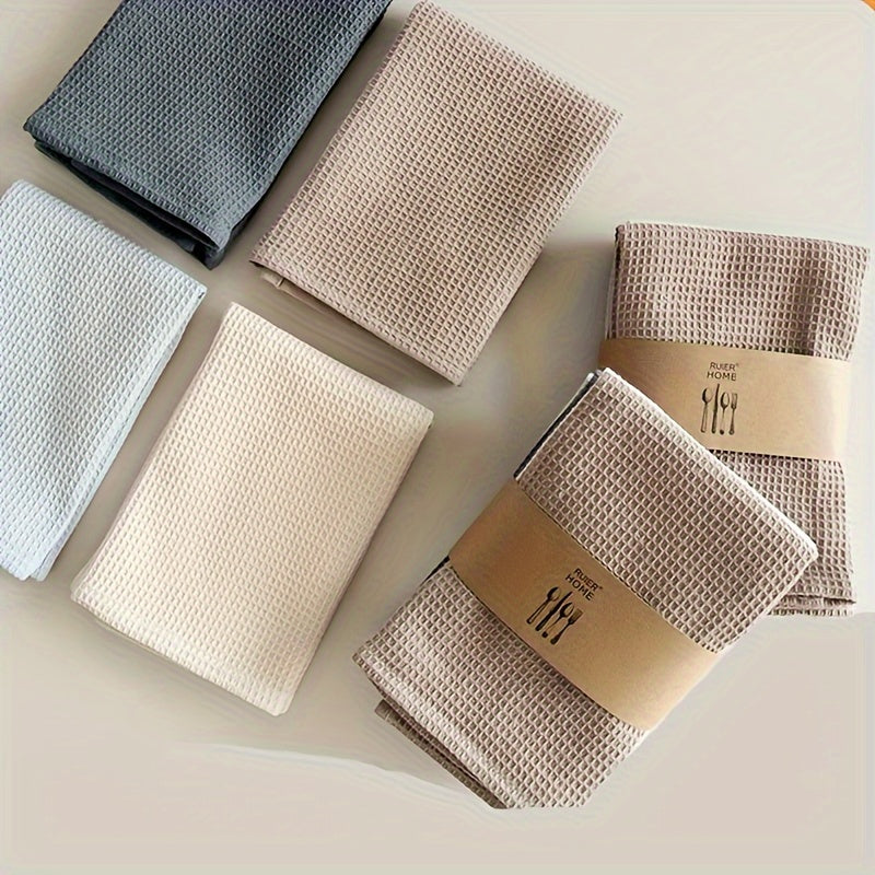 4 Ultra Absorbent Waffle Weave Dish Towels - Thick, Soft Cotton Kitchen Rags for Cleaning & Drying - Modern Square Design