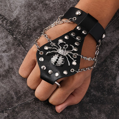 Rock your style with the Yanxyad Punk Rock Faux Leather Bracelet featuring a finger ring. This unisex bracelet showcases a cool rock skull and spider gothic design, perfect for daily wear or party occasions. An all-season accessory that adds a touch of