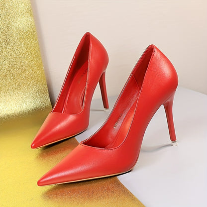 Solid color stiletto heels for women with point toe and slip-on style.