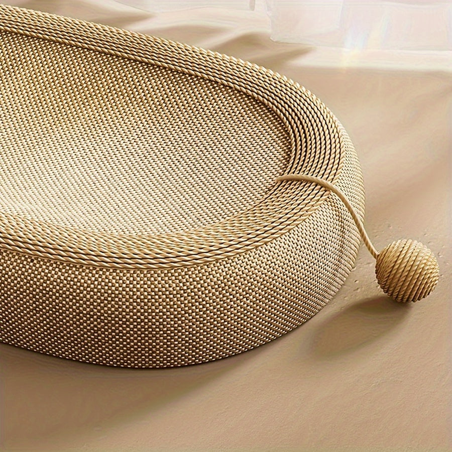 Durable jute rope cat scratcher bed with scratch-resistant material and playful ball feature for cats.