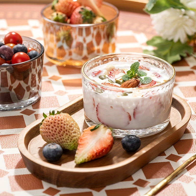 Versatile clear glass dessert bowls in 3 sizes for any occasion, suitable for yogurt, jams, and other desserts. Hand wash only. Reusable and recyclable.