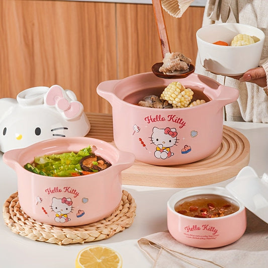 One Sanrio Hello Kitty Ceramic Cartoon Pot, Adorable Soup Crock with Lid, Multi-Purpose Stew Pot for Cooking, Baking, and Steaming - Charming Kitchen Cookware