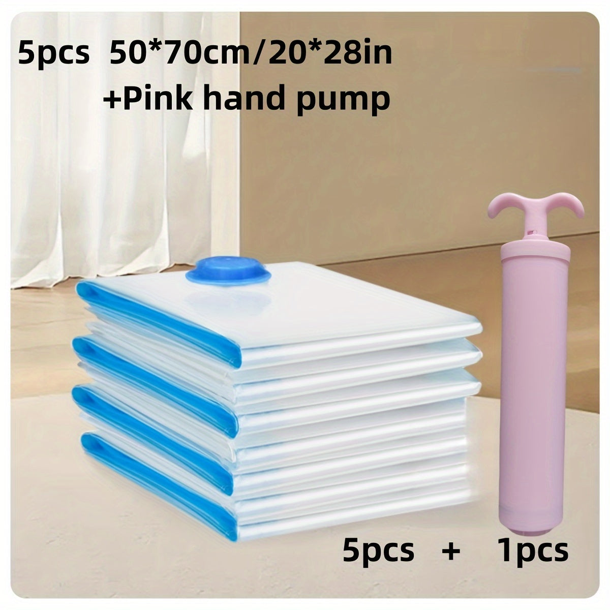 Set of 5 Vacuum Compression Storage Bags with Pink Hand Pump, Made of Rectangular Plastic - Perfect for Travel, Camping, and More - Space Saving, Moisture and Insect Resistant, Zip Closure, No Electricity Required