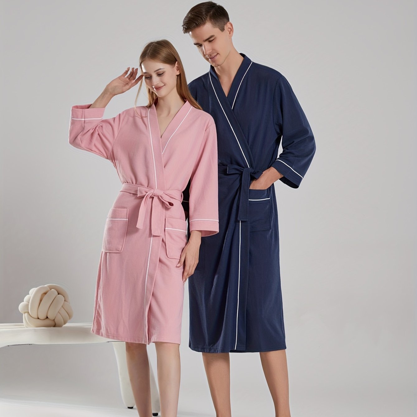 Unisex Japanese-style bathrobe with waffle weave, pockets, and belt for all-season comfort.