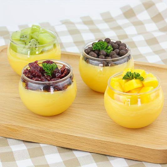 20 pieces of small round plastic dessert cups, each measuring 2.5oz. These mini clear plastic bowls are recyclable and shatter-resistant, perfect for serving salads at home, restaurants, dessert shops, weddings, events, parties. Great as tableware