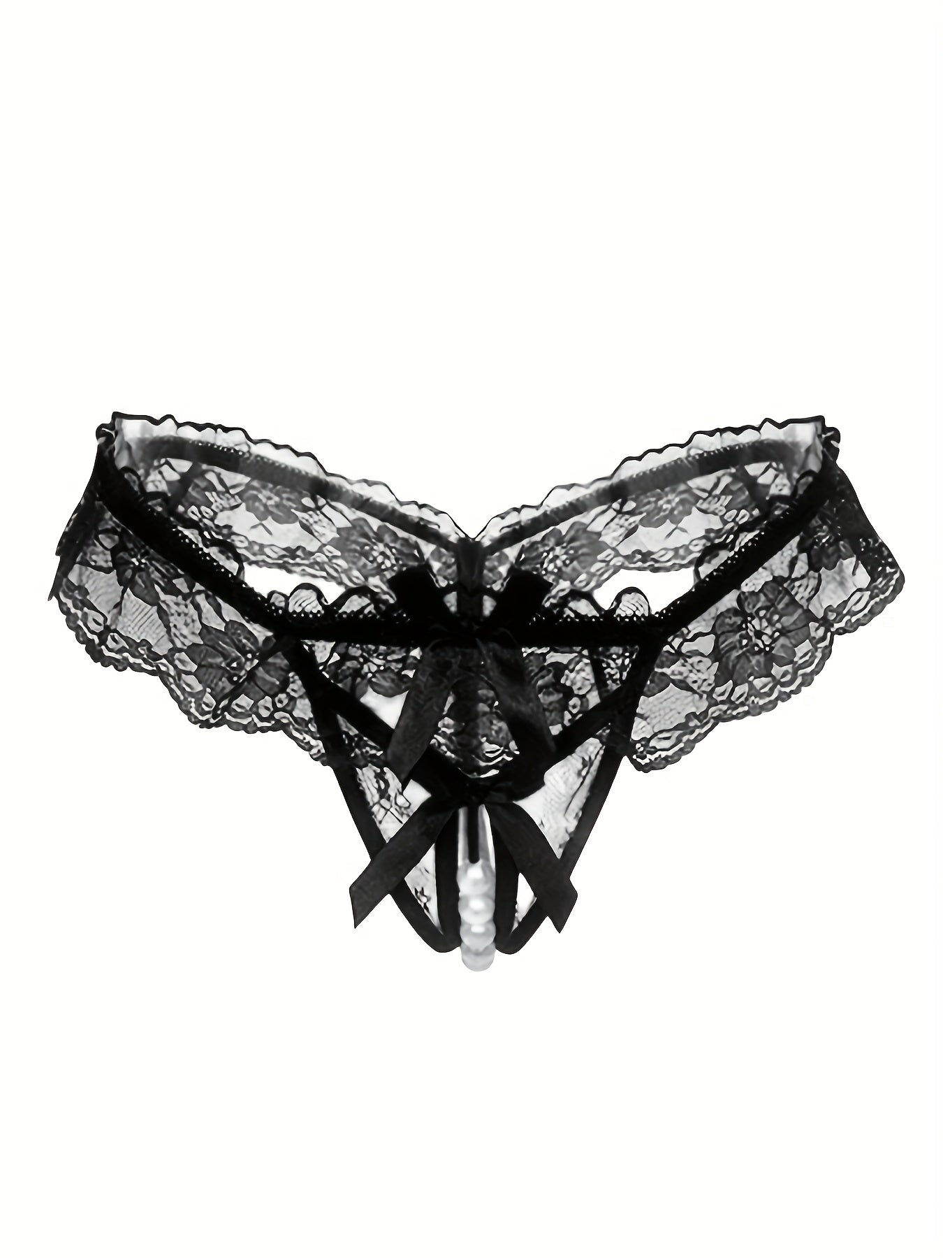 Lace thongs with bow knot and faux pearl decoration, open crotch intimates for women's lingerie.