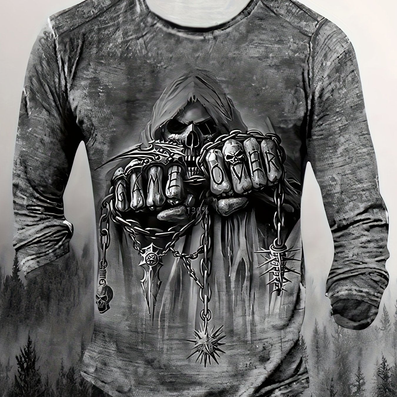 Men's 3D Gothic "Game Over" Knuckle Print Crew Neck T-Shirt made of polyester for Fall/Winter