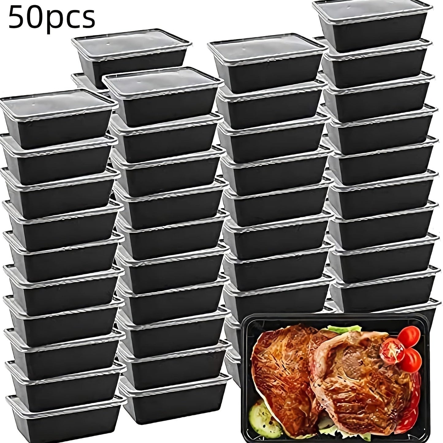 The package includes 10, 20, and 50 black lidded food storage containers. These ultra-thick plastic containers are portable and disposable, perfect for takeout meals. They are BPA-free and safe to use in the dishwasher, microwave, and refrigerator. Each