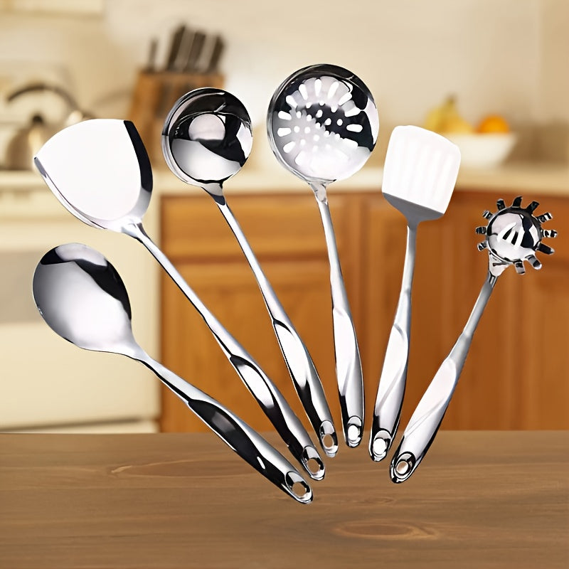 Six-piece set of kitchen utensils made of stainless steel, featuring hollow handles and a mirror finish. These cooking tools are not only durable and elegant but also easy to clean, making them the perfect addition to your kitchen gadgets collection.