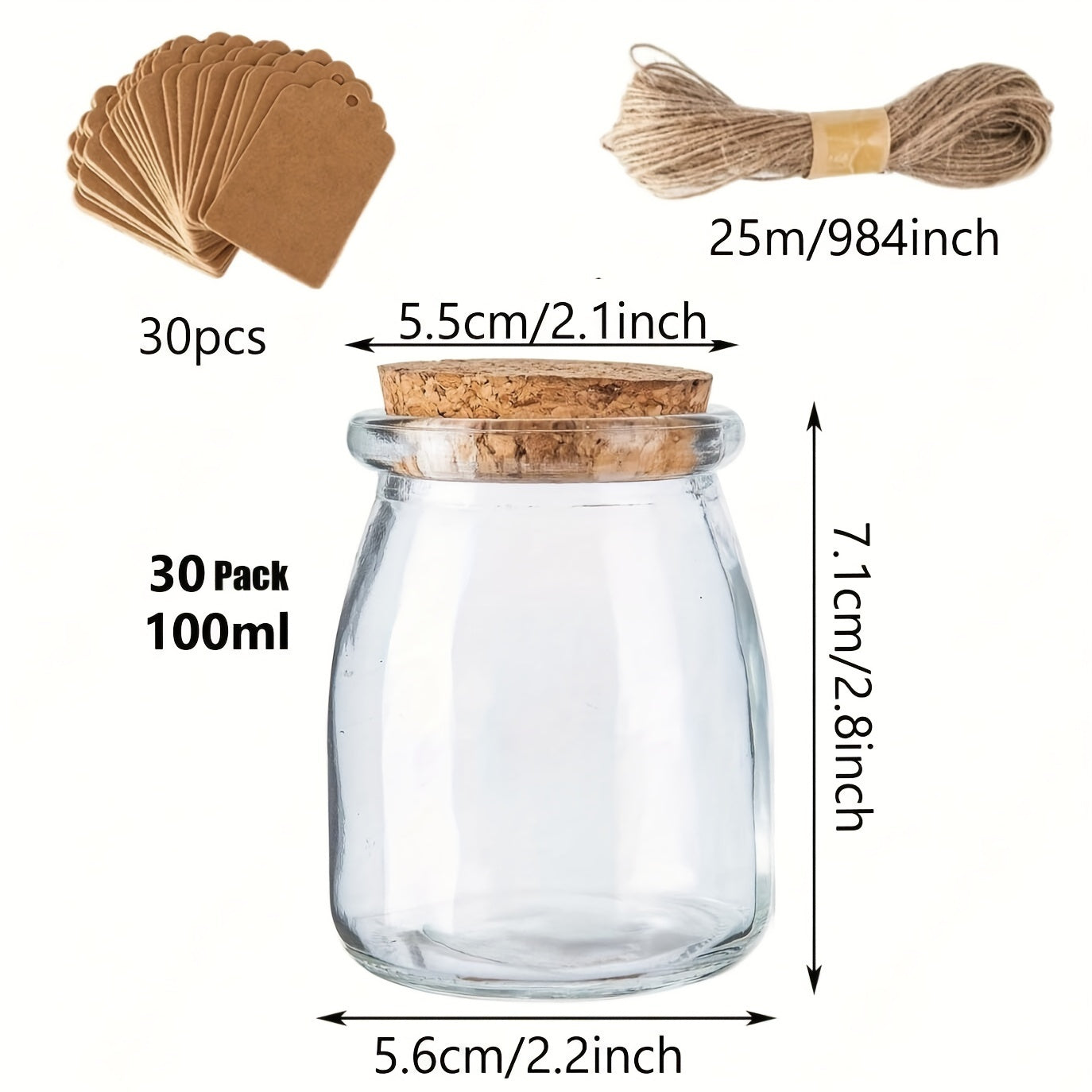 Set of 20 to 30 small glass jars with cork lids, 100ml capacity, perfect for storing yogurt, pudding, honey, and as wedding favors. Includes labels and twine for easy organization. Reusable and round containers.