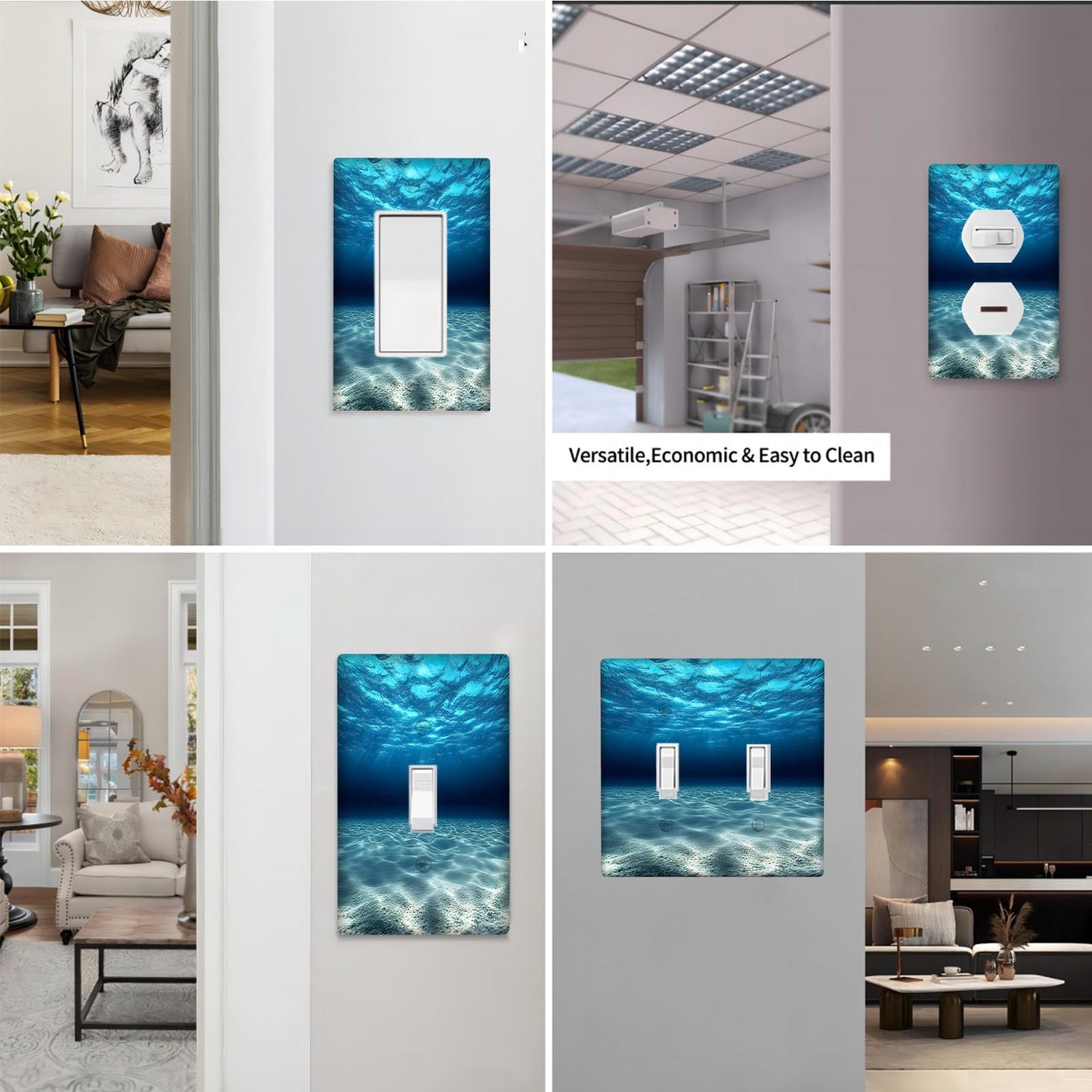 Ocean themed wall plate with blue sea print, made of unbreakable polycarbonate. Heat and fade resistant, a decorative cover for light switches and outlets that requires no electricity or battery.