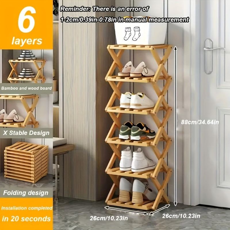 This foldable shoe rack, constructed from bamboo and requiring no installation, offers a customizable design with 5 to 9 layers to choose from. Available in two colors, this space-saving option is perfect for the limited area near the family's entrance.