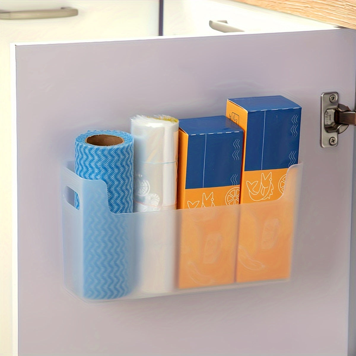 Wall-mounted storage box with cabinet inside for organizing supplies without punching holes. Cabinet door includes shelf for fresh-keeping film and bags.