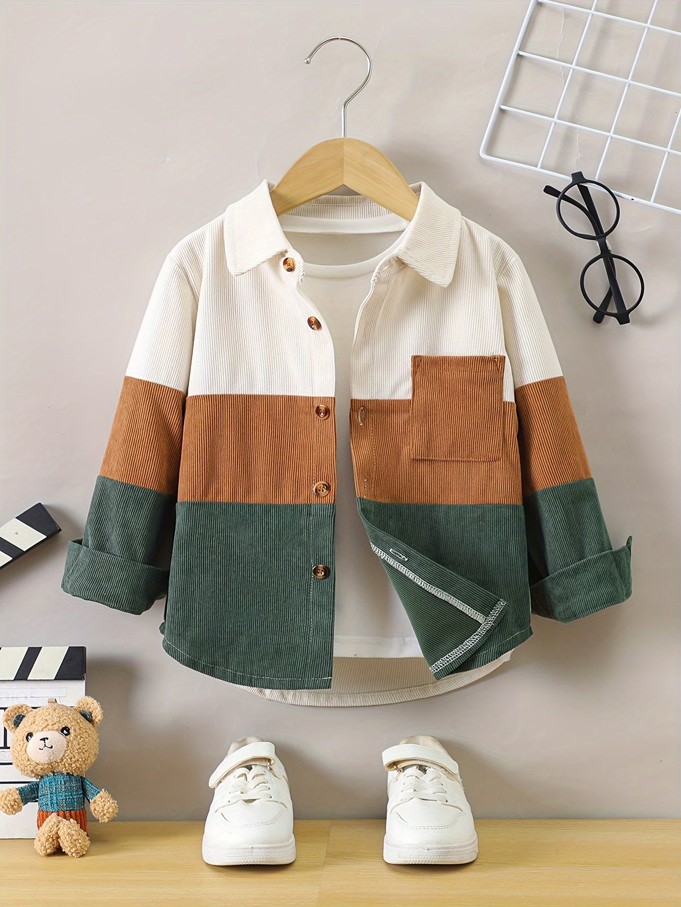 Boys' Color Block Corduroy Shirt - Casual, Loose Fit Button-Up, Pockets, Long Sleeve, Beige/Brown/Green/White, Machine Washable, Spring/Fall Wear