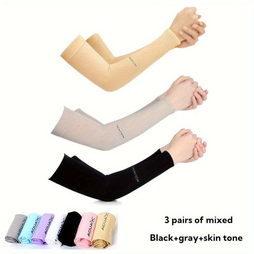 Protective arm sleeves made of high-elastic nylon ice fabric provide UV protection for various outdoor activities such as driving, fishing, running.