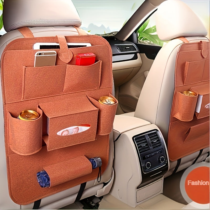 Multi-functional car seat back hanging storage bag for car interior.