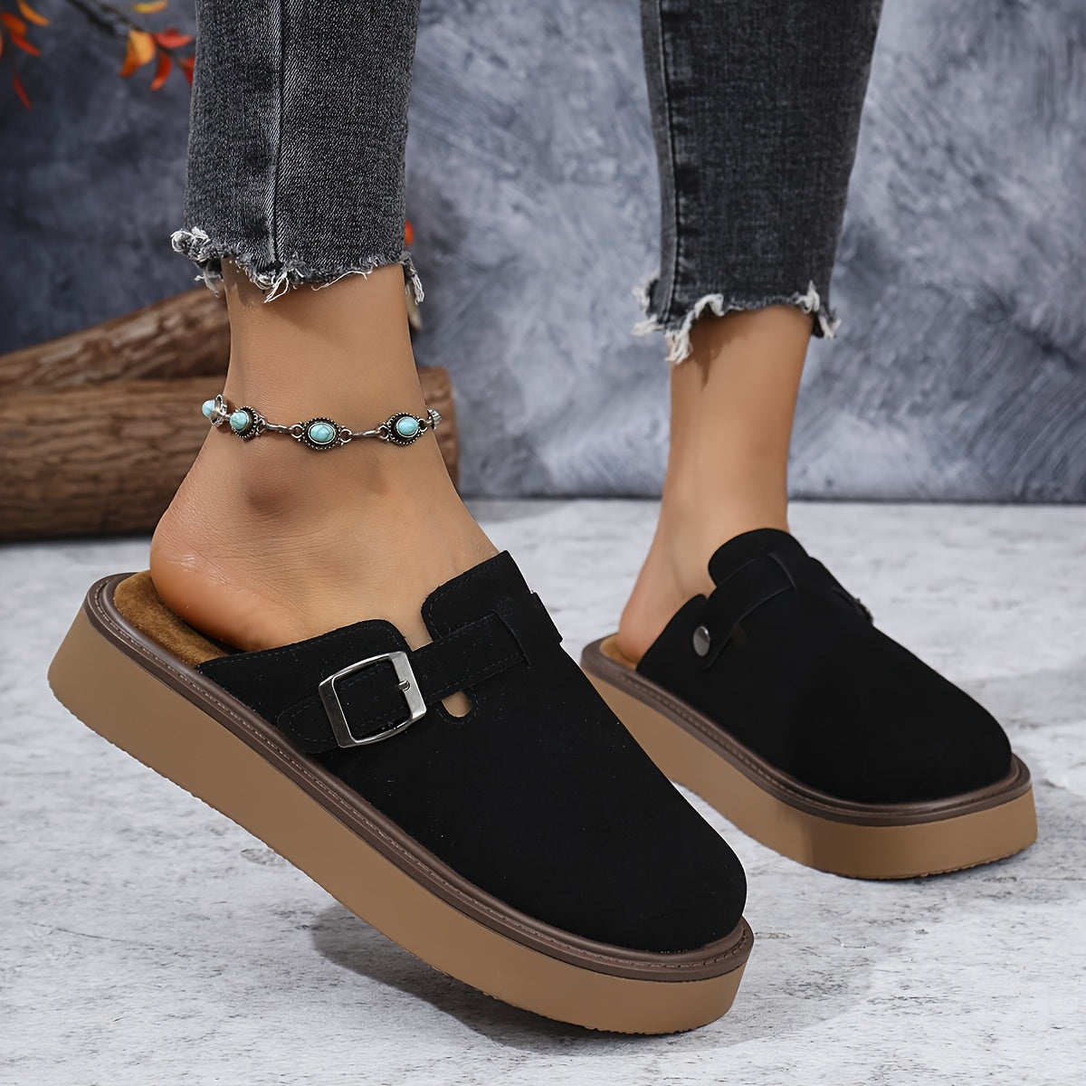 Casual buckle loafers for women with all-season comfort features, PU upper, rubber sole, flannel insole, and retro thick sole from Taizhou.