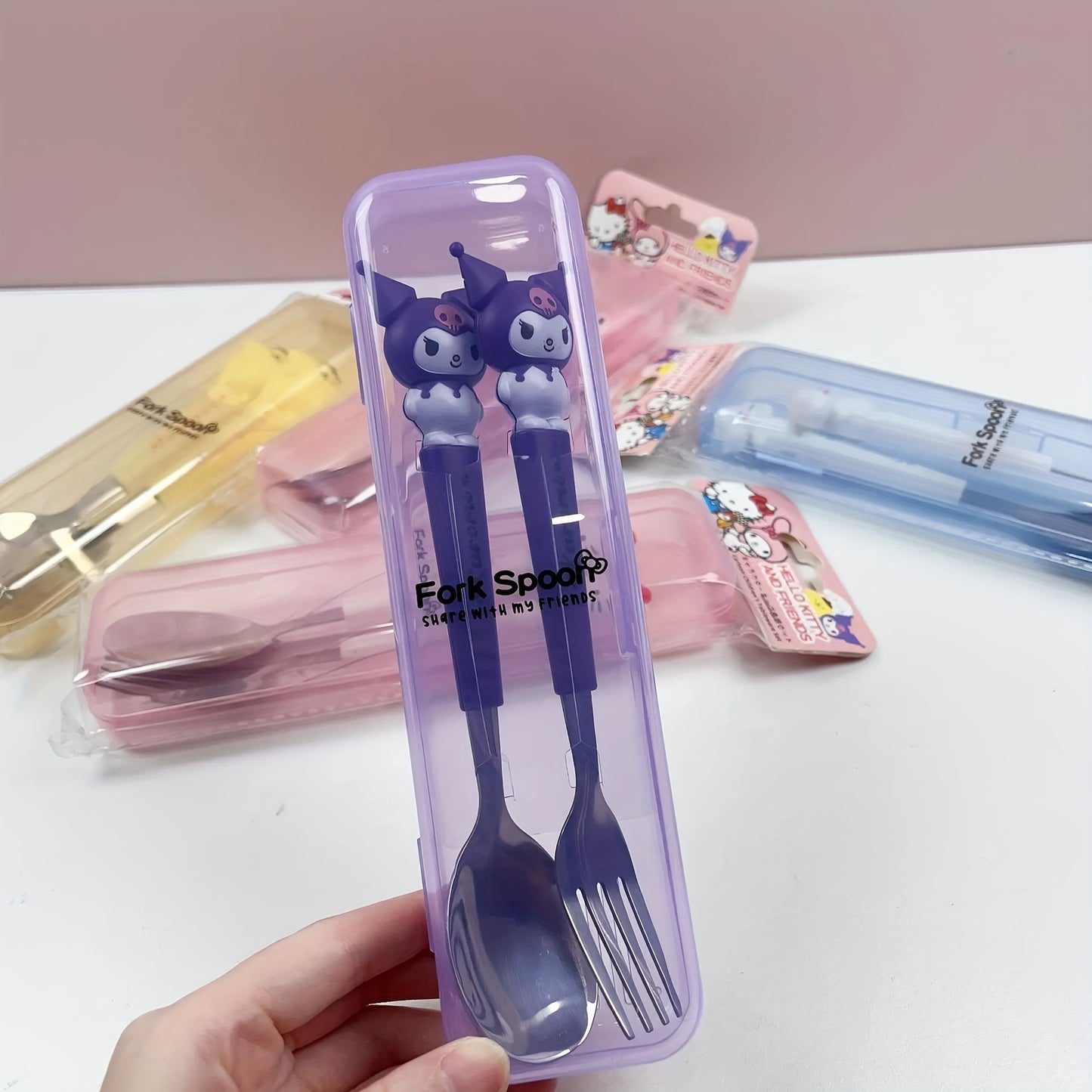 Sanrio Cutie Kouromi Hello Kitty Cartoon Spoon And Fork Set: Stainless steel kitchenware 2-piece set for restaurants and food trucks.