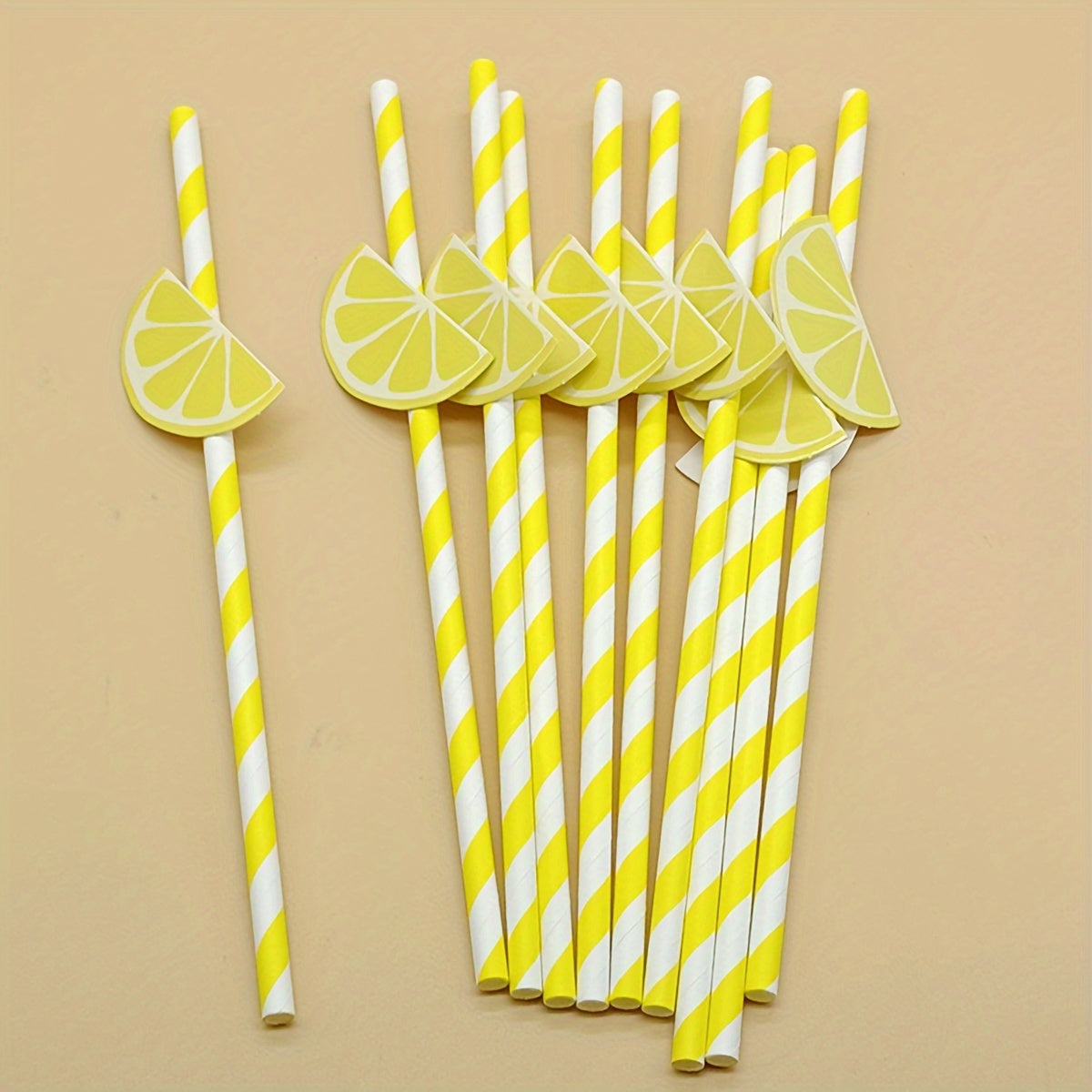 Pack of 10 Lemon Slice Paper Straws, Fun and Eco-Friendly Party Decor, Striped in Yellow and White, Bio-degradable Table Settings