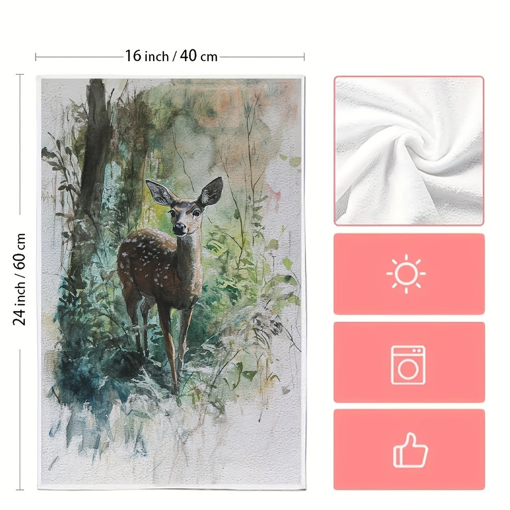 Two pieces of ultra soft kitchen towels featuring a graceful deer in underbrush design. These highly absorbent and machine washable dish hand towels are designed in a contemporary watercolor style, measuring 40.64x60.96 cm. Perfect for holiday decor and