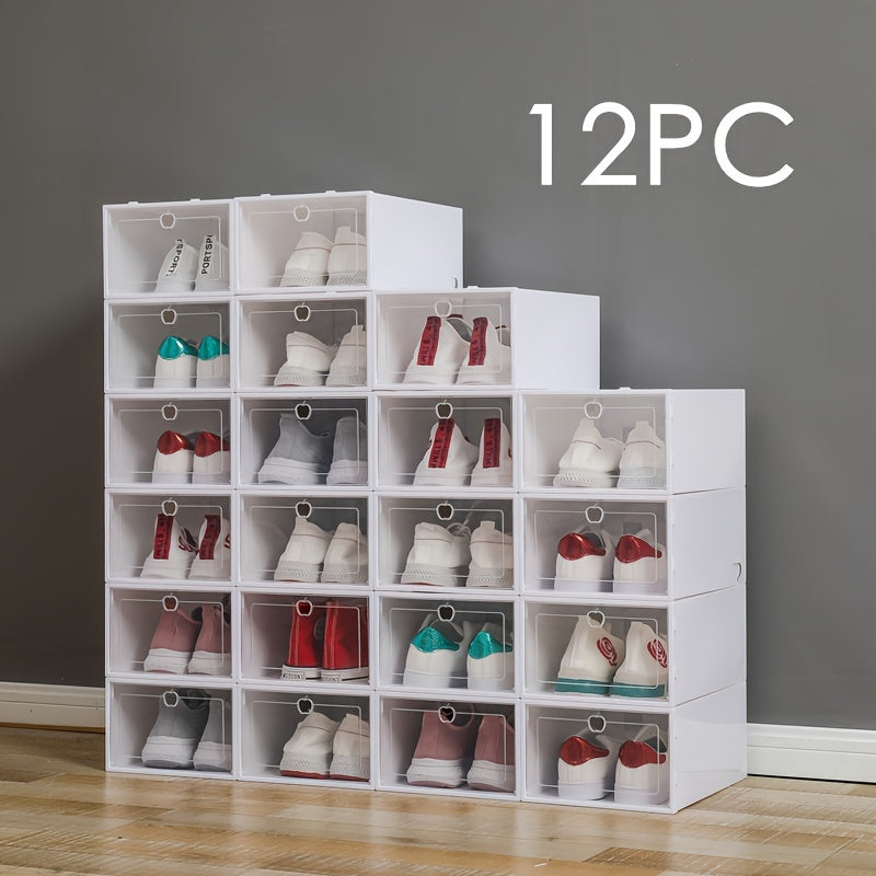 Set of 12 Large White Shoe Boxes, Transparent Plastic Storage Containers, Versatile Shoe Organizer for Dorm Rooms, Maximizes Space, Stackable Design, Easy Access Flip-Top Lid, Not Waterproof, Ideal for Home & Kitchen Organization