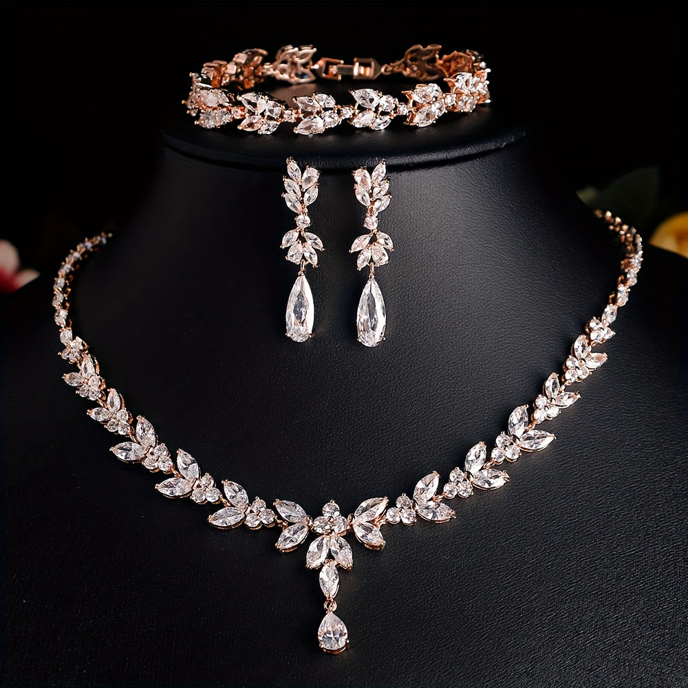 Luxurious Copper Jewelry Set Featuring Synthetic Zirconia - Perfect Bridal Necklace, Bracelet, and Earrings Set for Weddings and Valentine's Day Gifts with 4 Pieces.