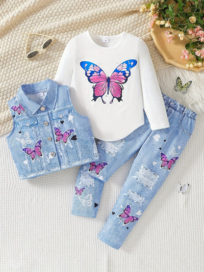 Stylish 3-piece girls' outfit set with butterfly print top, denim-look vest, and casual pants for spring/fall. Features round neck, distressed print, suitable for autumn outings, perfect