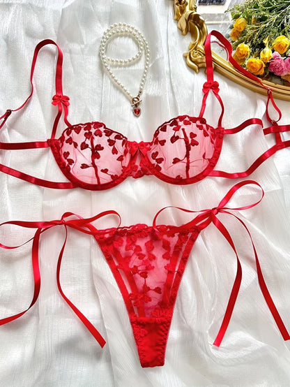 Sexy lingerie set with heart pattern design and thin shoulder straps for women