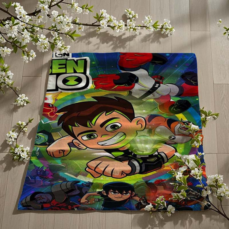 Ben 10 Cartoon Poster Flannel Fleece Blanket - Soft and Stylish, Perfect for All Seasons. Features Digital Print on Polyester Material, Lightweight at 250-300gsm. Versatile Gift for Couch, Bed, Beach, or Picnics.