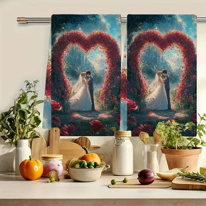 Set of 2 Kitchen Towels featuring an Anime Couple exchanging vows under a heart-shaped archway of roses. These ultra soft and highly absorbent dish hand towels are perfect for holiday decor. Machine washable and measures 16x24 inches. Code: 2KYSYS1215171