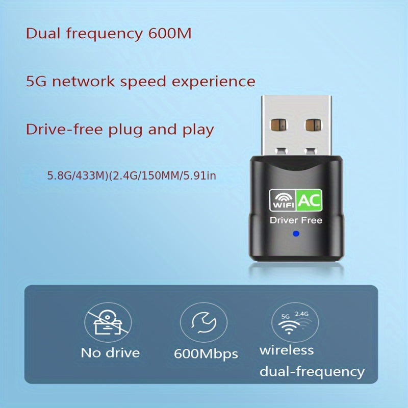 USB tarmoq adapteri, ikki diapazonli 600Mbps simsiz tarmoq kartasi, drayversiz ulash va o'ynash, XP/Win7/8/8.1/10/11 bilan mos keladi.