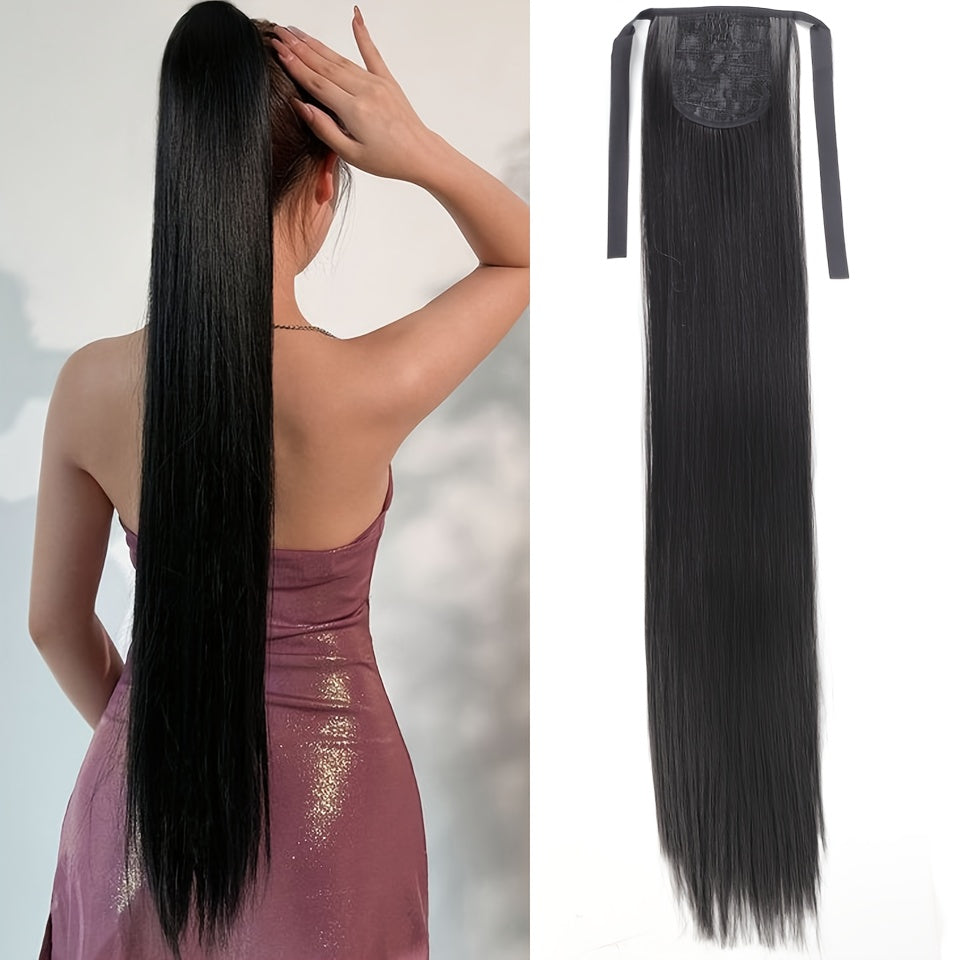 81.28 cm Black Synthetic Straight Ponytail Hair Extension, Drawstring Style for Women