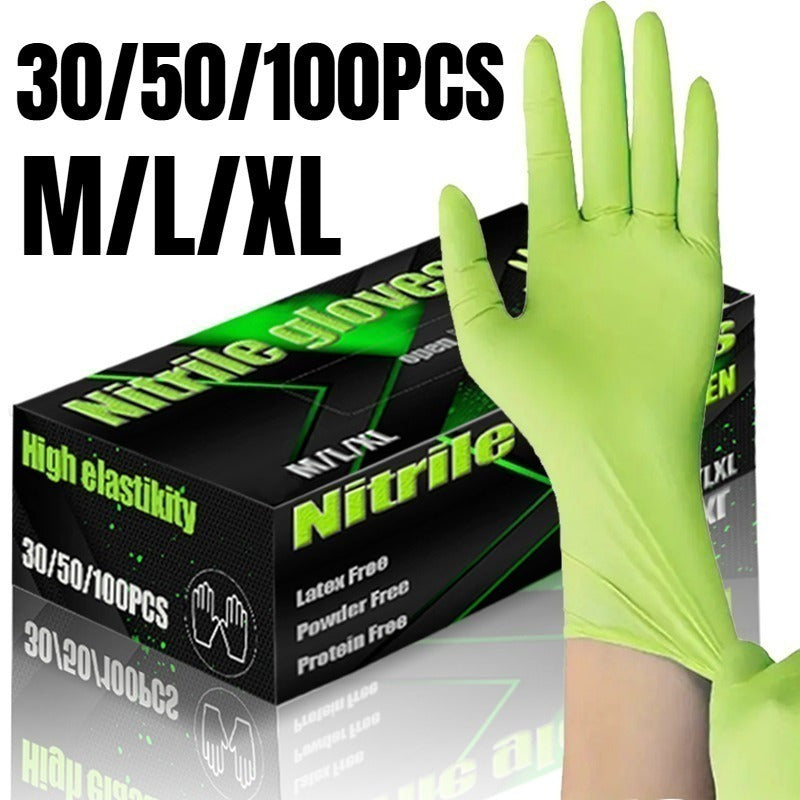 Grass Green Nitrile Gloves, available in packs of 30, 50 or 100. These disposable gloves are ideal for a variety of tasks including food processing, cleaning, pet bathing, dishwashing, hairdressing, nail art, DIY projects, and household kitchen and