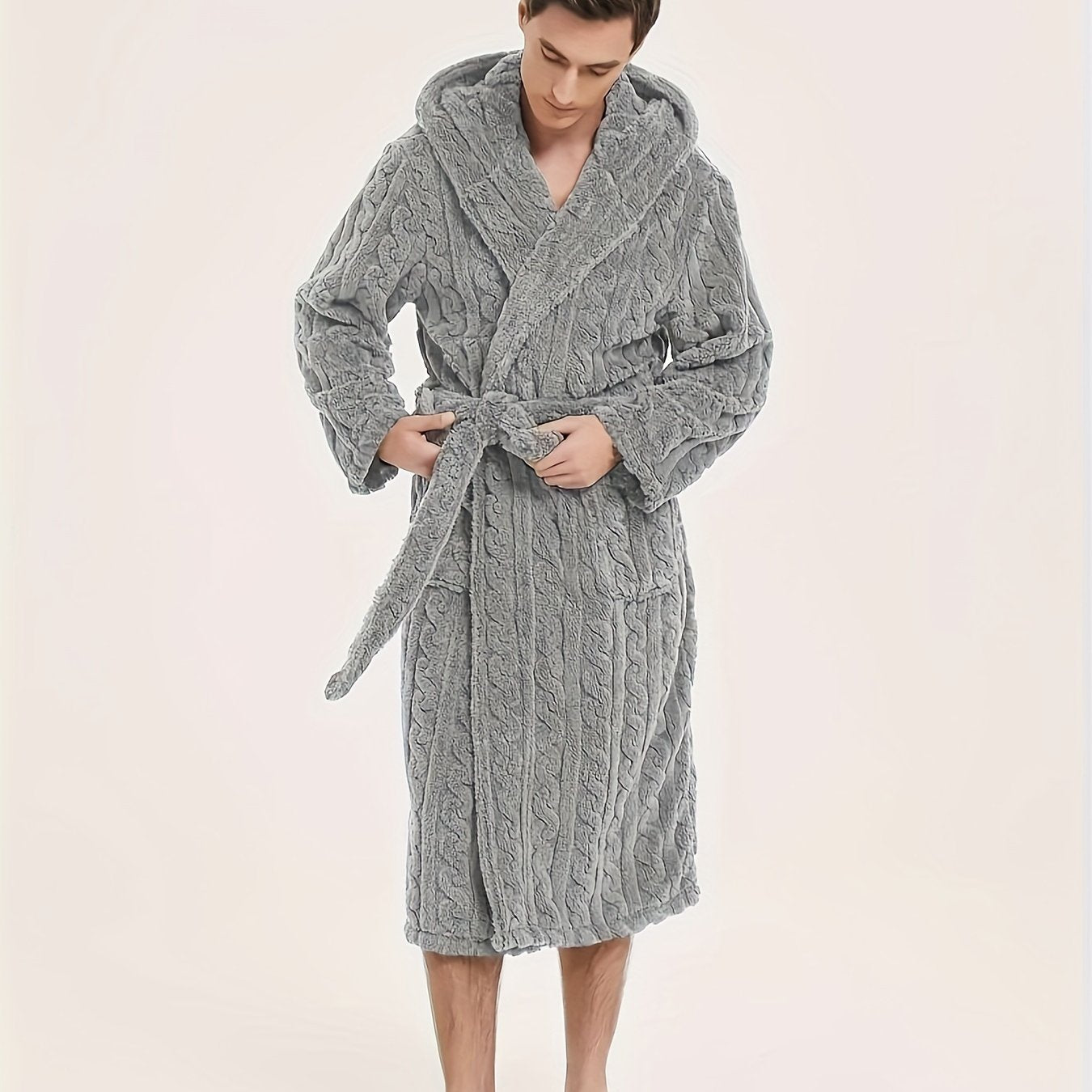 Men's fleece hooded robe for home and hotel use, with belt for comfort.