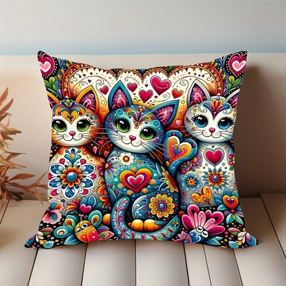 Bohemian style cat & floral print pillow case, 44.96cm x 44.96cm, with zip closure. Vibrant home decor accent, machine washable. Ideal for living room and bedroom.