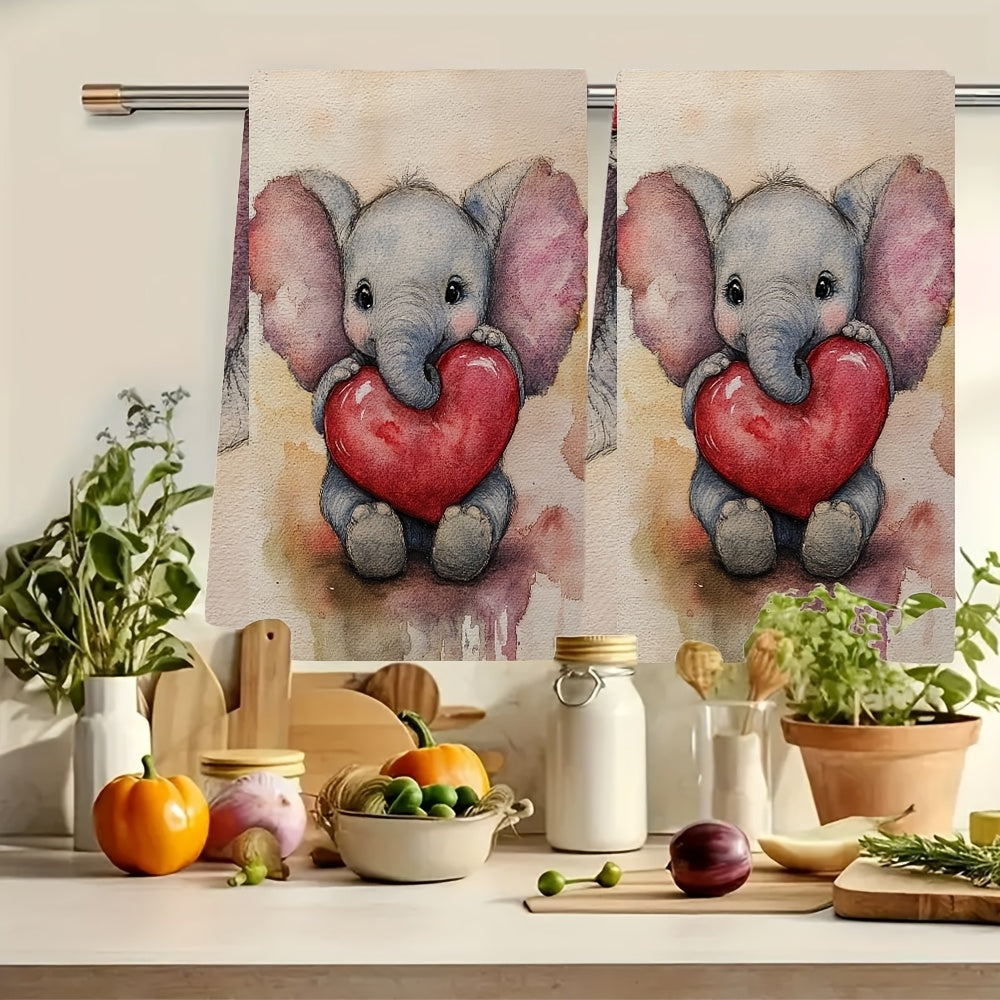 Pair of 2 incredibly soft kitchen towels with a charming baby elephant print, great for celebrating Valentine's Day. These super absorbent dish towels are easy to clean in the washing machine and come in a generous size of 40.64x60.96 cm, making them