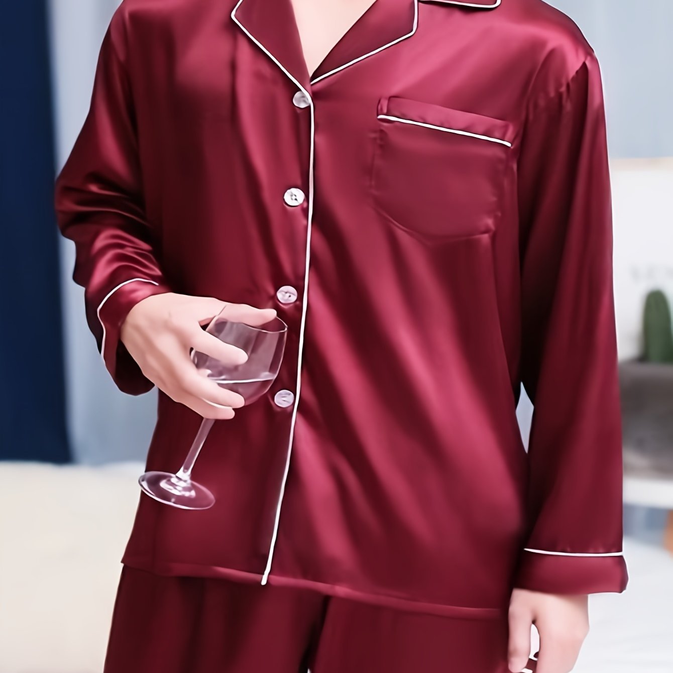 Men's casual pajama set made from large size ice silky fiber fabric, including long sleeve button pocket shirt top and trousers. Suitable for outdoor and home wear in spring, autumn, and