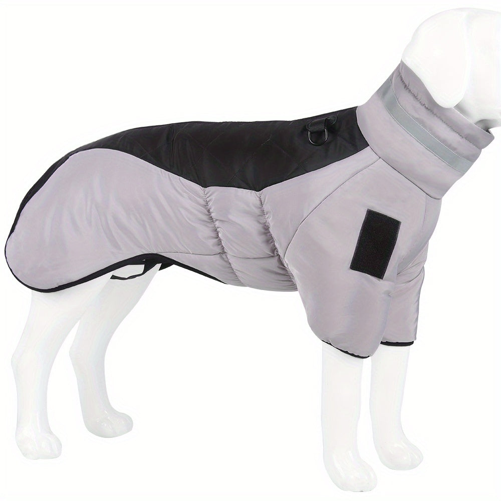 Waterproof winter dog jacket with warm, reflective material and D-ring for medium breeds.