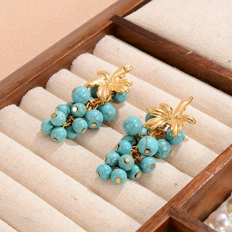 Vintage boho style turquoise cluster drop dangle earrings for women plated in 18K gold, featuring fashion alloy grape bunch tassel design with silver ear needle. Perfect for daily wear and special party occasions, exuding elegance.