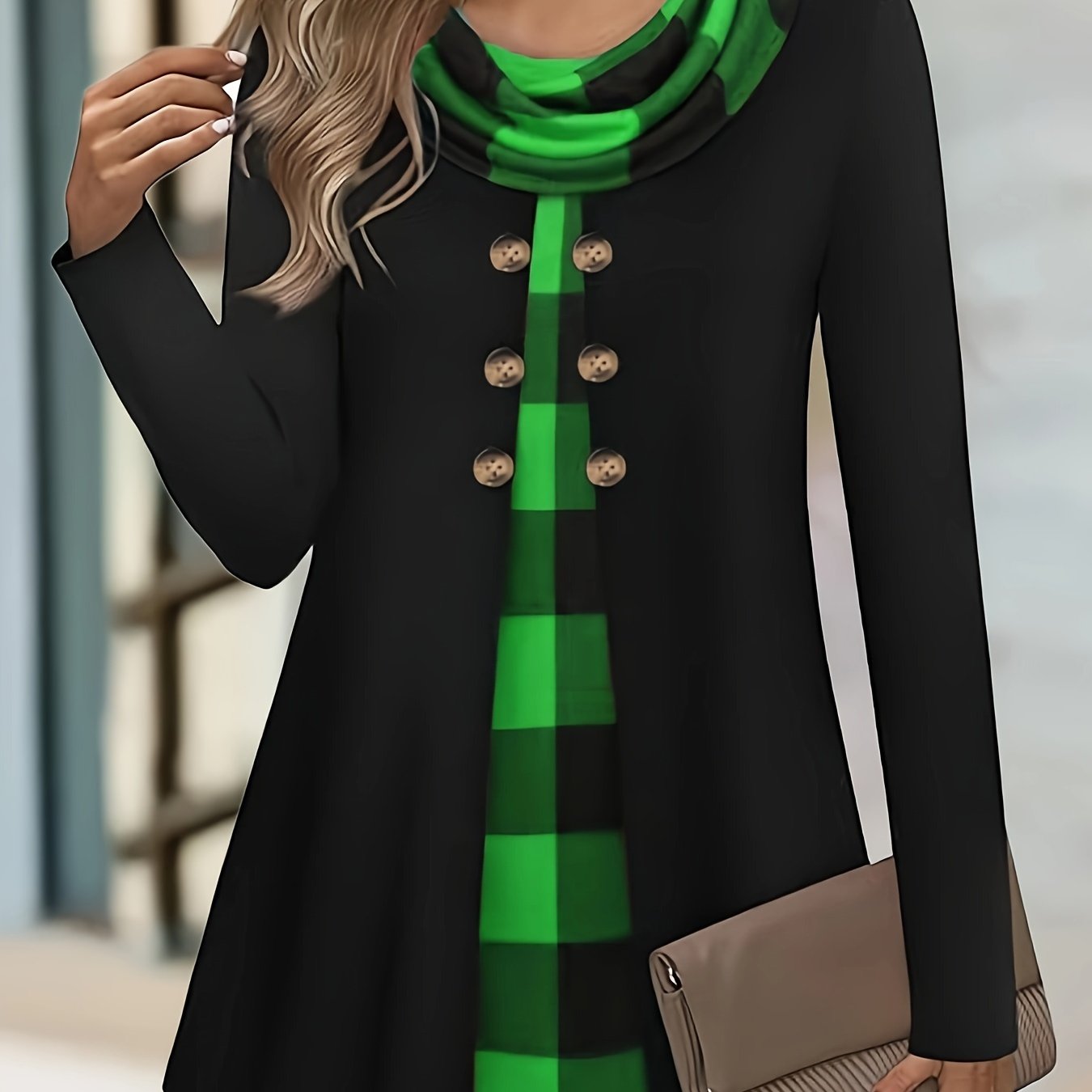 2-in-1 Plaid Print T-Shirt with Cowl Neck and Button Details for Plus Size Women