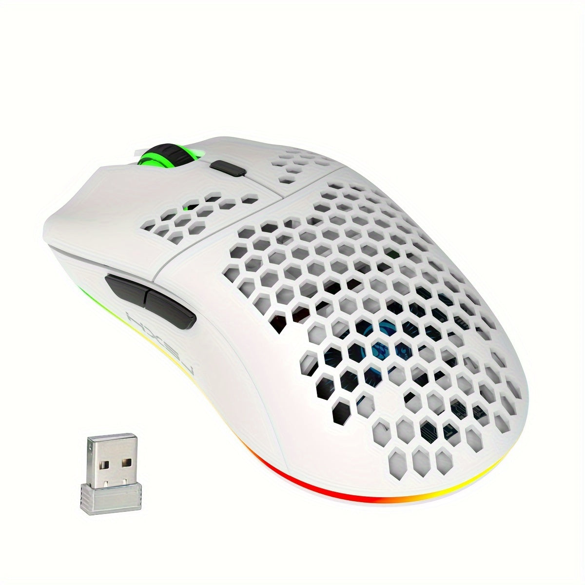 Wireless gaming mouse with RGB lighting, rechargeable, honeycomb design, USB plug & play, and right-handed comfort in white.