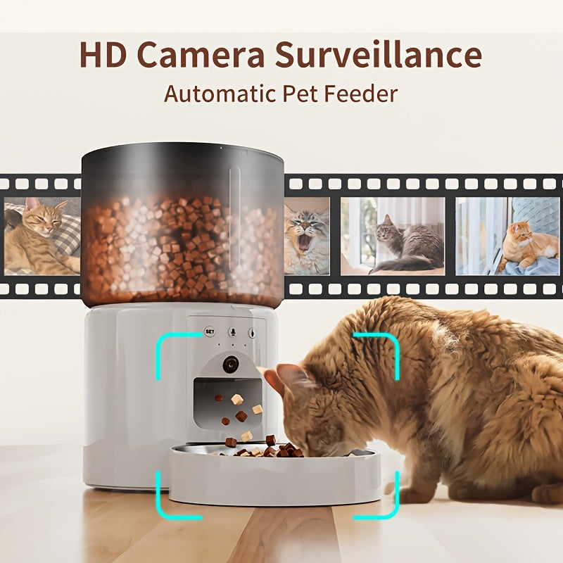 Automatic cat feeder with timed and quantitative feeding, large grain storage capacity, video and voice interactive features, three versions available, keeps food dry.