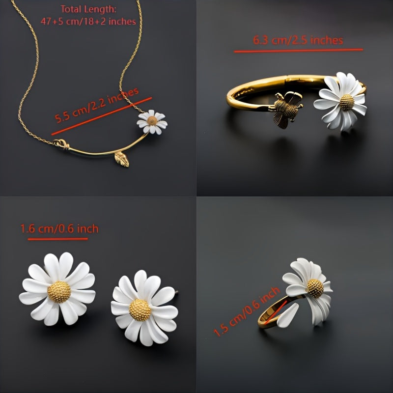 Set of Daisy Flower Jewelry Pieces in Stainless Steel - Includes Earrings, Necklace, Ring, and Bangle. Adorable Style, Ideal for Everyday and Vacation Wear. Suitable for All Seasons, Unplated Design.