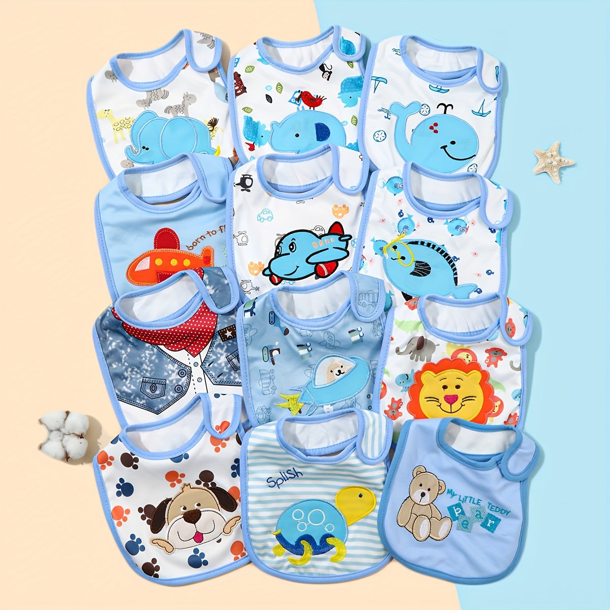 Set of 5 waterproof drool bibs for infants and toddlers aged 0-3 years, made of cotton with a hook & loop closure. Features playful designs suitable for both boys and girls, perfect for drooling and teething.