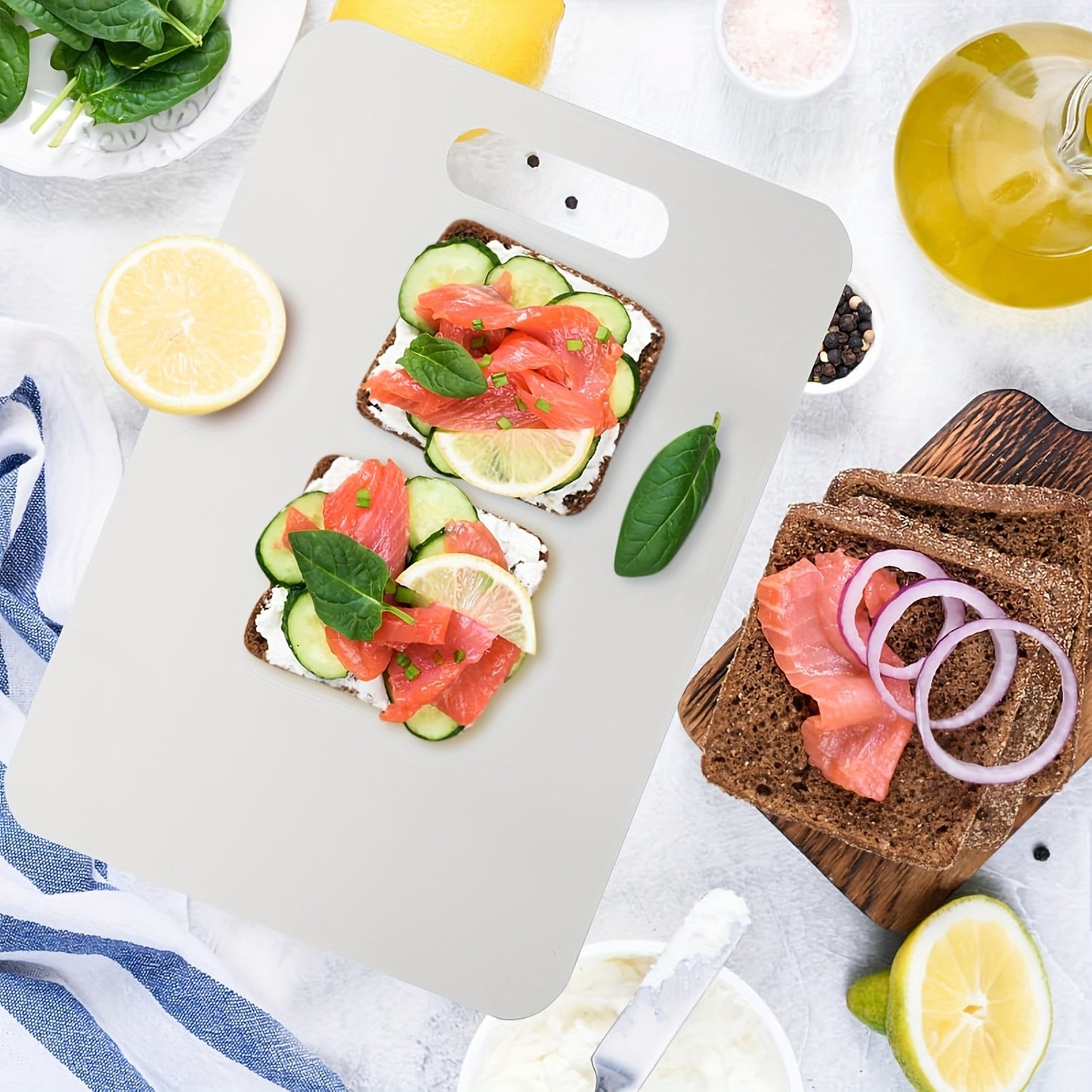 3-piece stainless steel kitchen board set for slicing fruits, vegetables, meat, and bread. Durable, easy to clean, and food-safe.